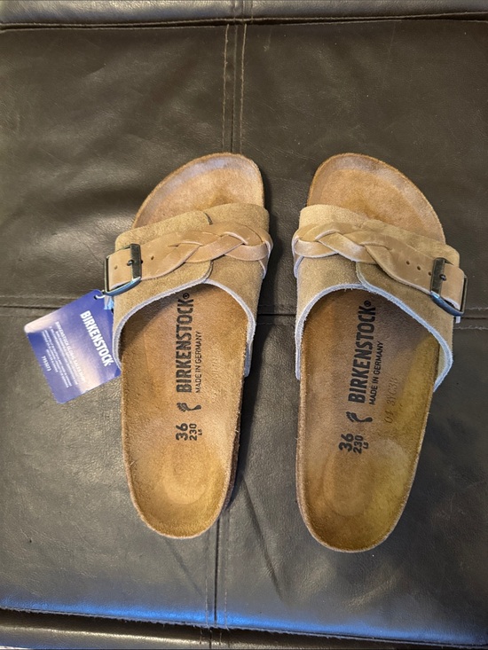 Birkenstock Shoes - Birkenstock Braided Suede Slide Sandals in Tan